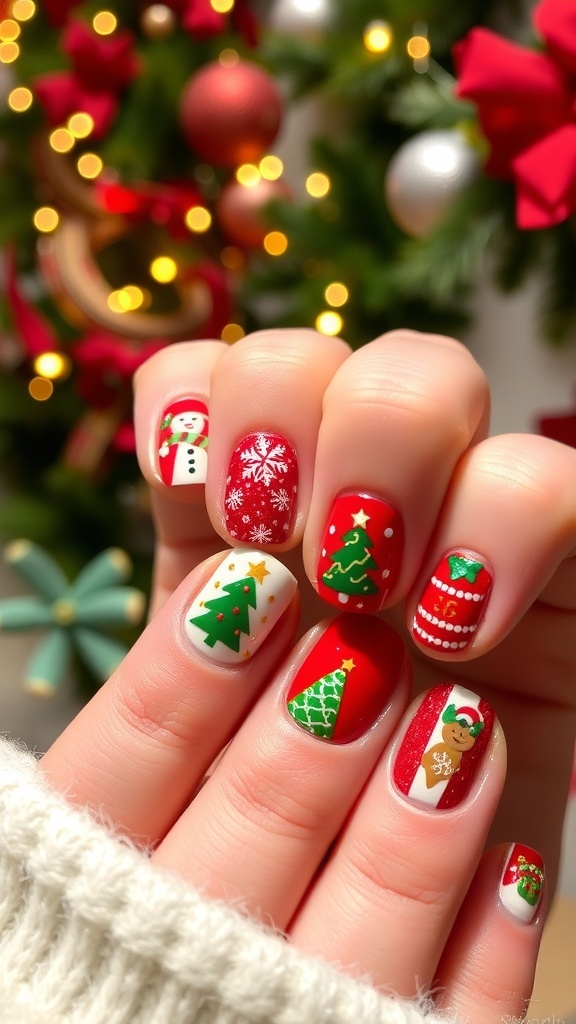 Festive Christmas Nail Art Design Festive Christmas nail art with red and green colors, snowflakes, and Christmas trees.
